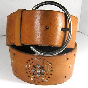 Brown Leather Belt Studded Belt Silver Buckle